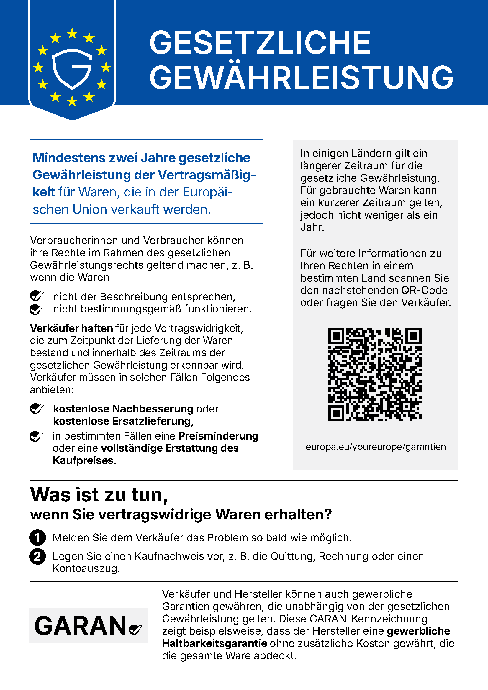 Gesetzliche Gewährleistung – mindestens zwei Jahre gesetzliche Gewährleistung der Vertragsmäßigkeit für Waren, die in der Europäischen Union verkauft werden